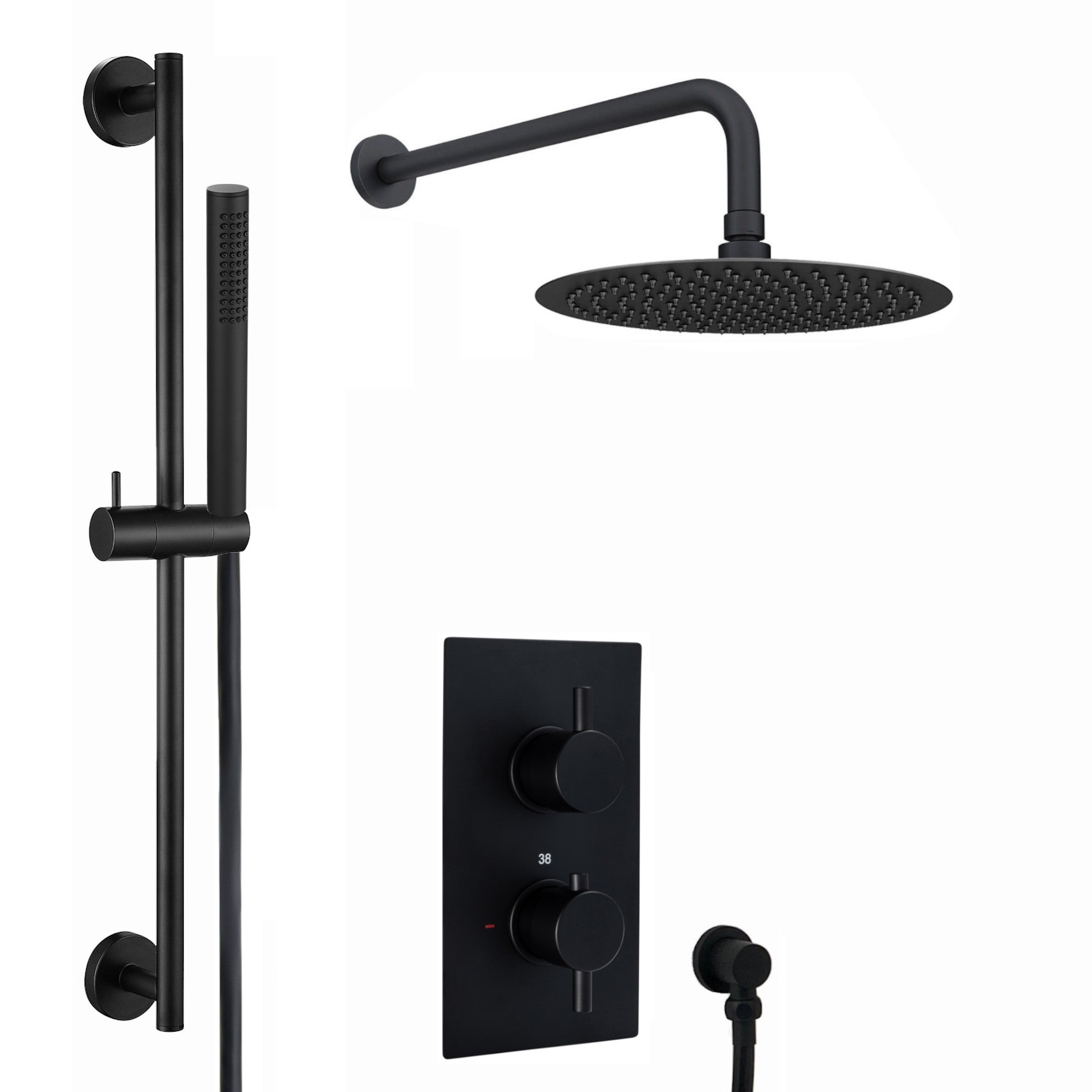 Naples Contemporary Round Concealed Thermostatic Shower Set Incl. Twin Valve, Wall Fixed 8" Shower Head, Slider Rail Kit - Matt Black (2 Outlet)